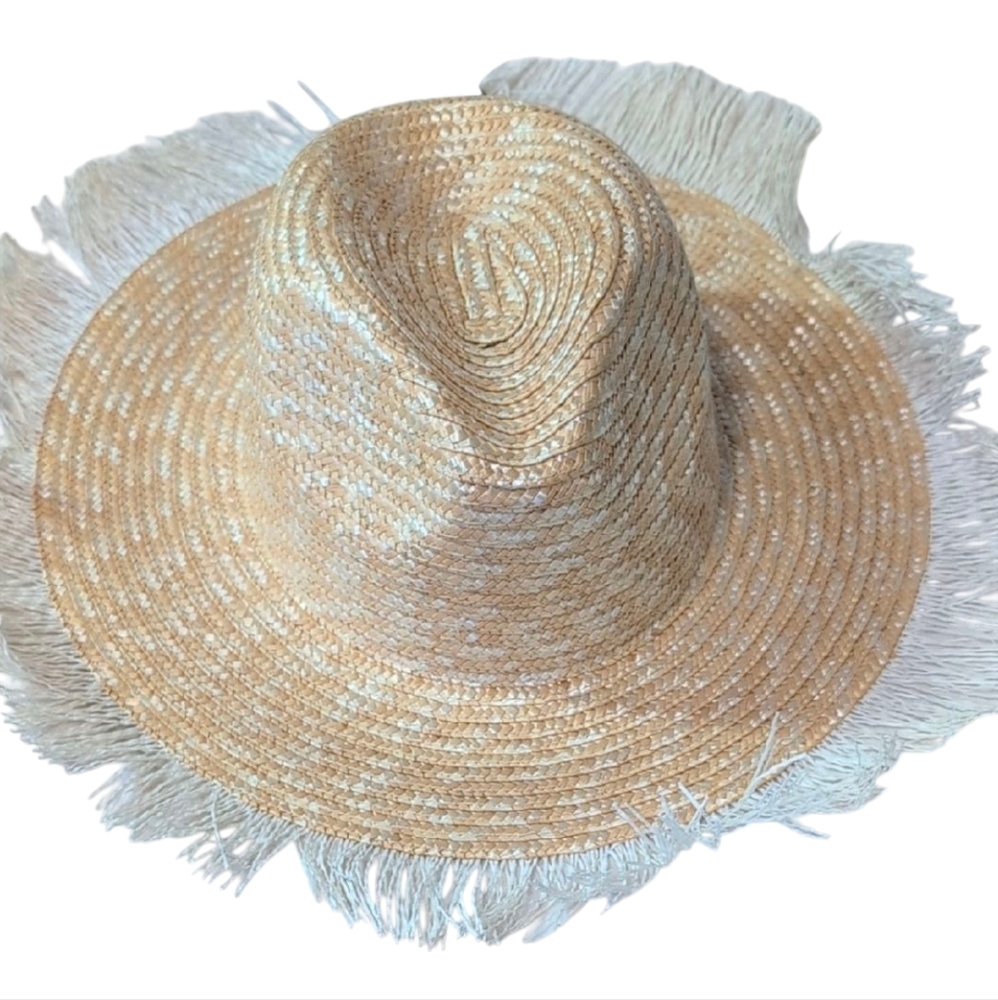 Kensie Tan and White Bohemian Straw Hat with Fringe